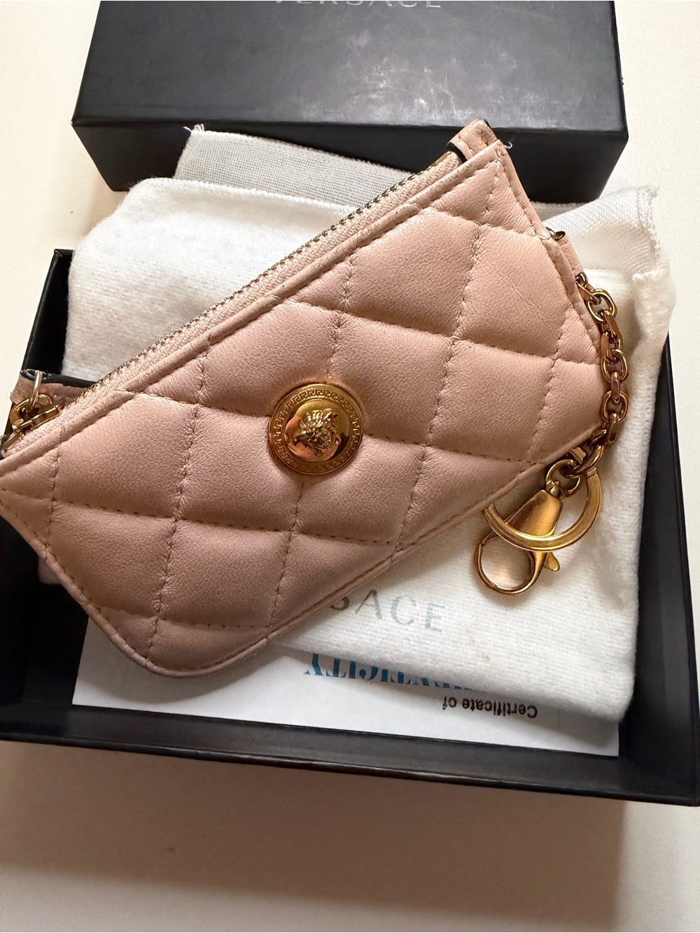 Versace Quilted Pink Leather Key Pouch with Gold Hardware